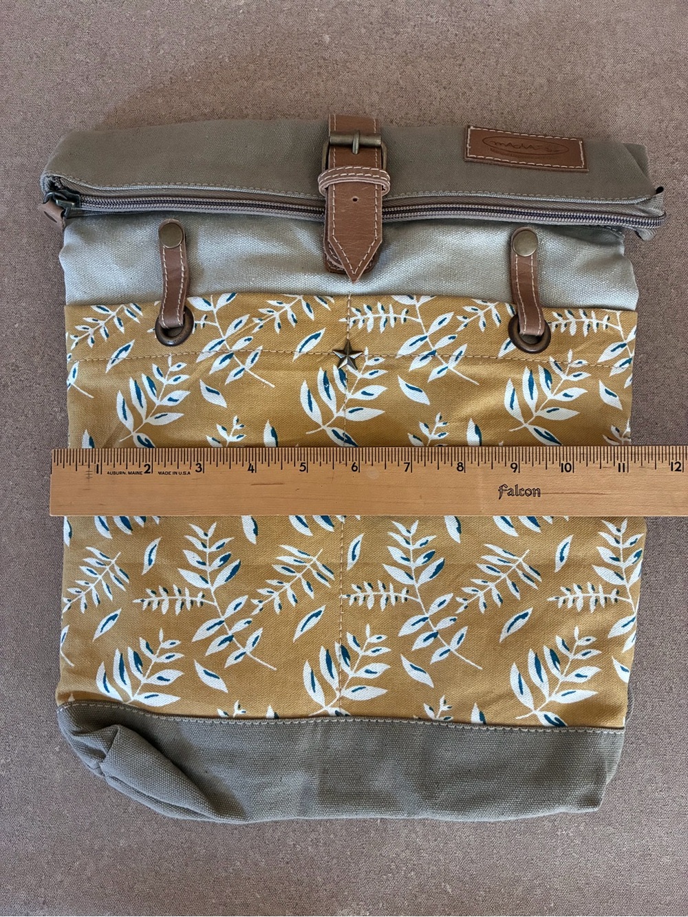 NWT Mustard Colored Leaf Print Canvas Roll-Top Backpack From France 🇫🇷 - Picture 9 of 11